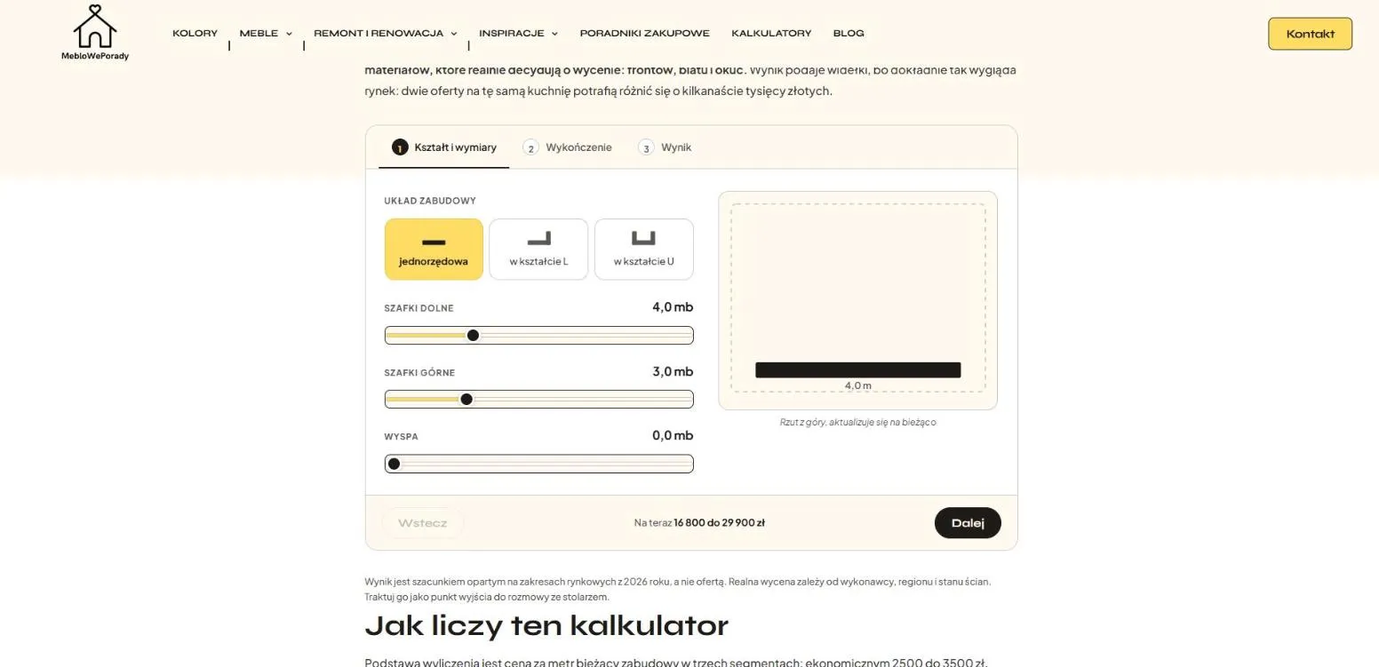 Kalkulator kuchni na wymiar, Mebloweporady.pl: zrzut z działającej strony