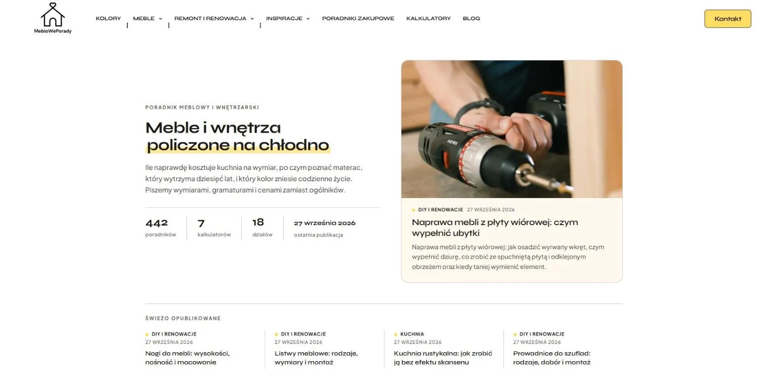 Strona główna składana z bazy, Mebloweporady.pl: zrzut z działającej strony